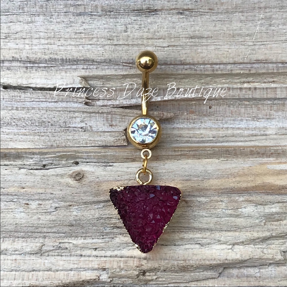 Gold Maroon Druzy Stone Belly Button Ring